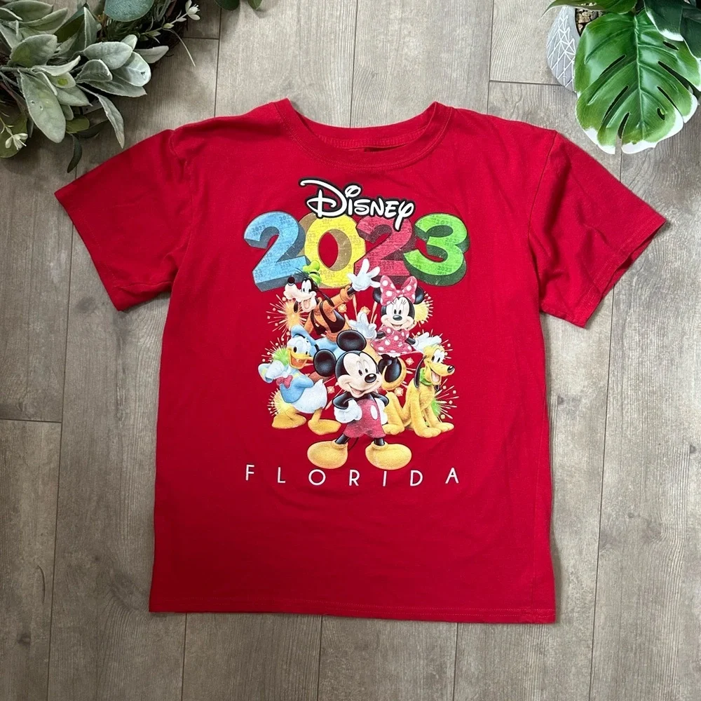 Disney 2023 Kids Red Graphic T-Shirt Florida Casual Graphic Mickey Minnie Donald
